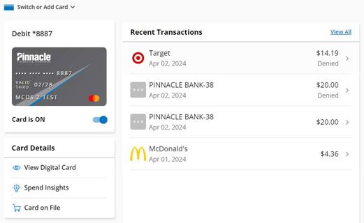 screenshot of online debit card center